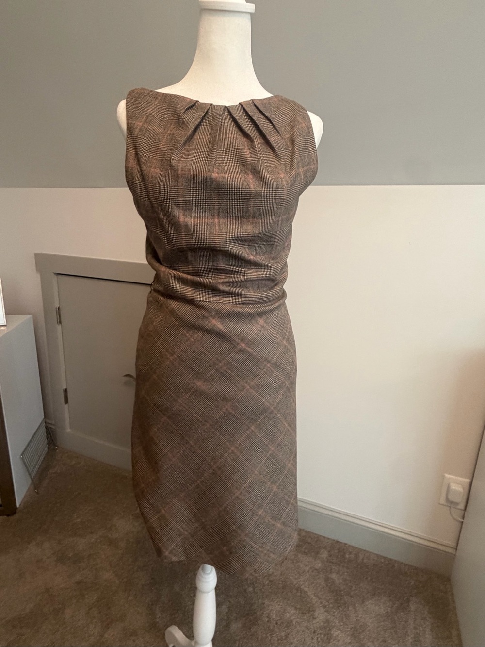 CHRISTIAN DIOR Brown Plaid Wool Silk Sleeveless Dress IT 36 US 4 Side Zip